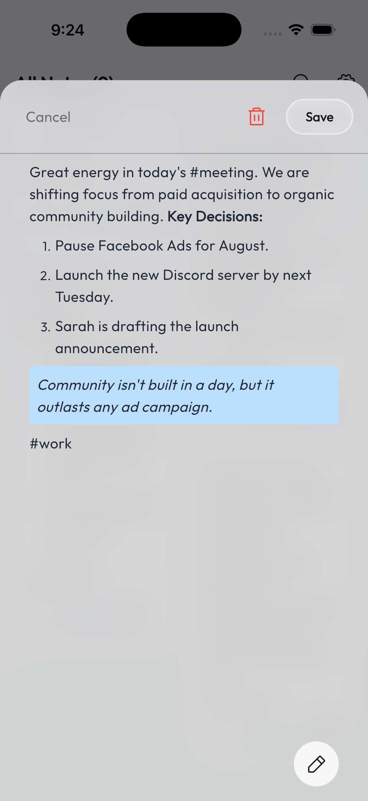Viewing a note in JotDeck
