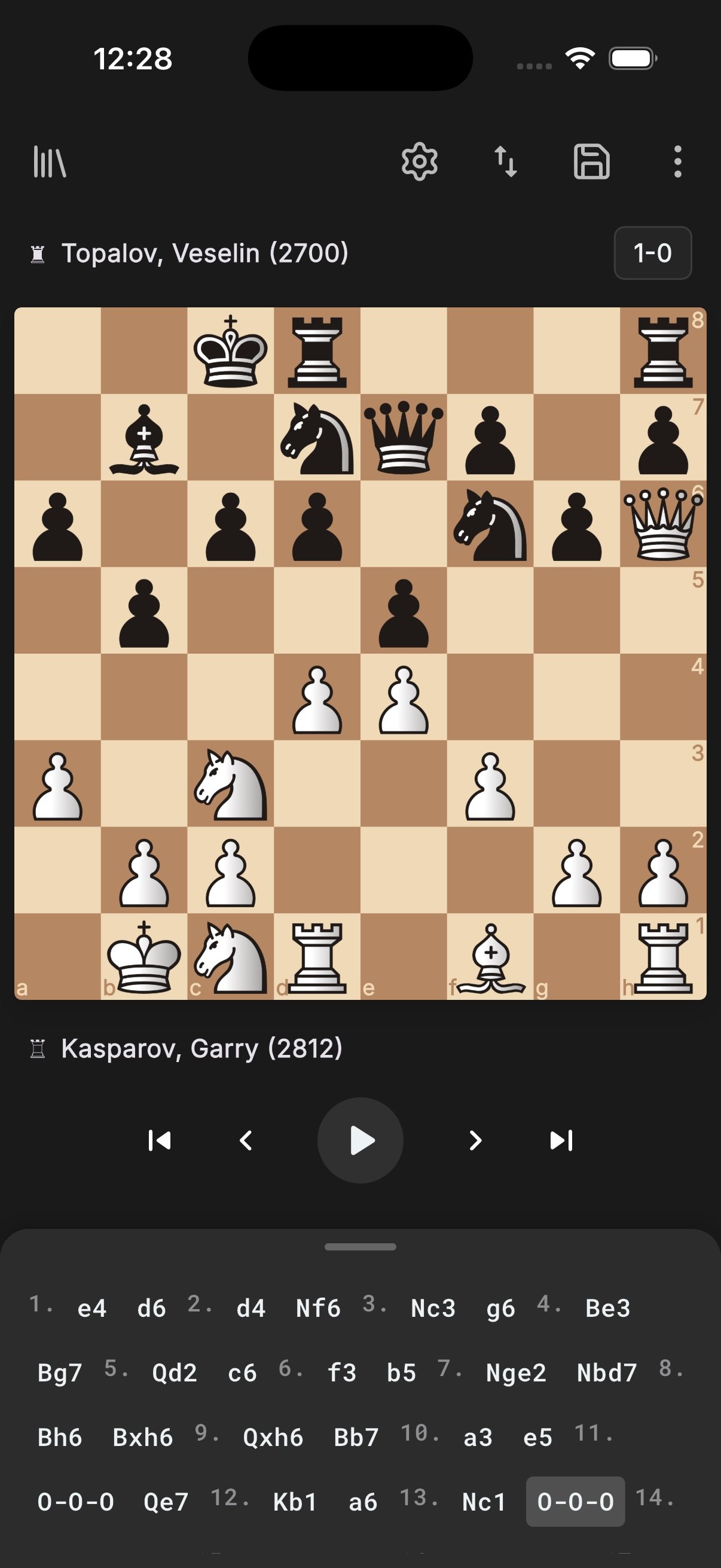 PurePGN app showing a chess board and move notation