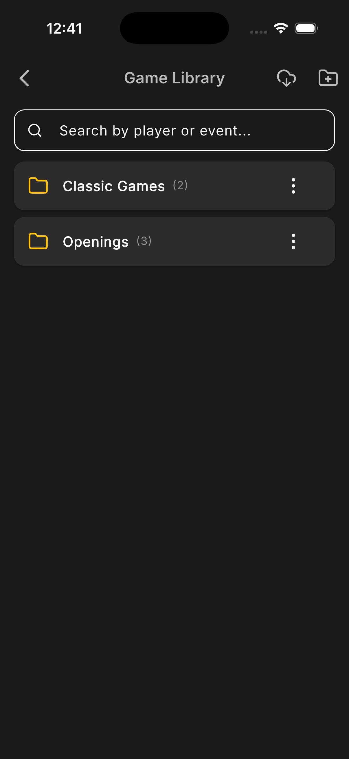 PurePGN game library showing custom folders and search
